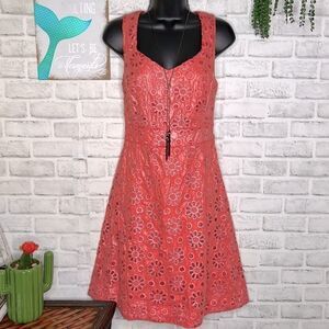 Maeve Anthropologie Pink Floral Eyelet A-Line Dress W/ Silver Embroidery Size 0